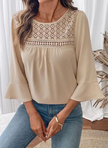 Dokotoo Women's 2025 Fall Fashion Tops 3/4 Sleeve Crewneck Shirts Casual Chiffon Boho Lace Blouses in Saudi Arabia
