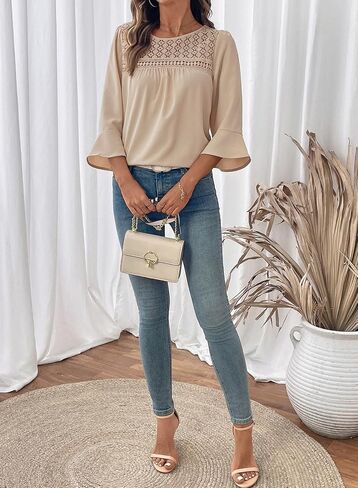 Dokotoo Women's 2025 Fall Fashion Tops 3/4 Sleeve Crewneck Shirts Casual Chiffon Boho Lace Blouses in Saudi Arabia