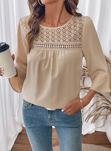 Dokotoo Women's 2025 Fall Fashion Tops 3/4 Sleeve Crewneck Shirts Casual Chiffon Boho Lace Blouses in Saudi Arabia