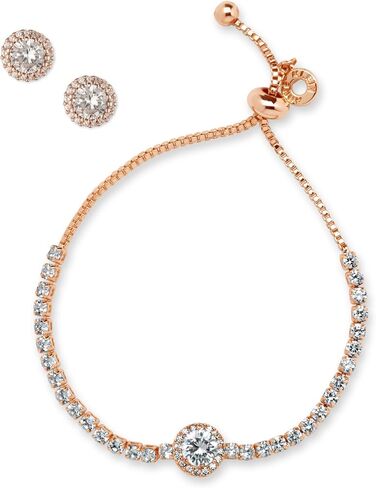Anne Klein Gold Tone Clear Crystal 8MM Center Stone Halo Slider Adjustable Bracelet Earring Set in Saudi Arabia