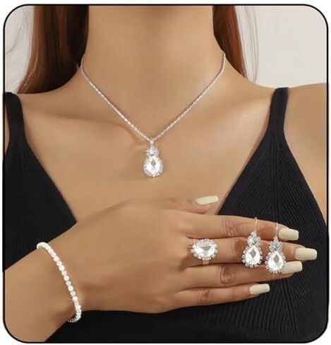 Sparkling Rhinestone Necklace Earrings Bracelet Ring Set for Women Vintage Multicolor Zircon Bridal Jewelry Set Crystal Chain Necklace Bracelet Wedding Prom Formal Costume Accessories in Kuwait