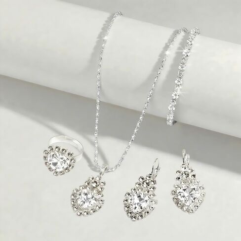 Sparkling Rhinestone Necklace Earrings Bracelet Ring Set for Women Vintage Multicolor Zircon Bridal Jewelry Set Crystal Chain Necklace Bracelet Wedding Prom Formal Costume Accessories in Kuwait