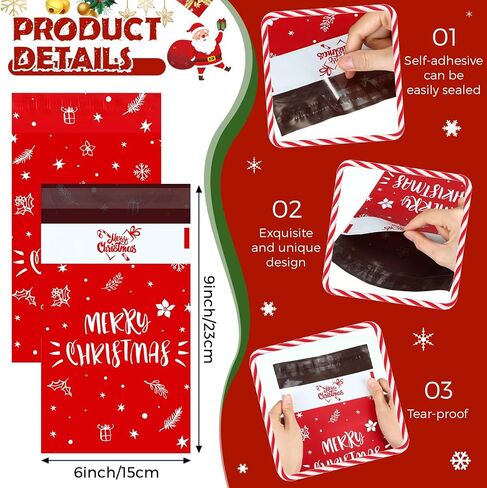 300 Pack Christmas Poly Mailers 6 x 9 Inch Self Adhesive Plastic Envelopes Shipping Bags Waterproof and Tear-proof for Candy Christmas Party Favors, 3 Colors in Saudi Arabia