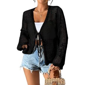 سترة نسائية كاجوال من Urchics صيفية للشاطئ وأكمام طويلة مفرغة ورباط أمامي من الكروشيه in Kuwait