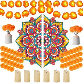 43 Pcs Diwali Decorations for Home Diwali Rangoli Floor Stickers Marigold Garland Artificial Marigold Flowers with Stem Flameless Votive Candles Diya Indian Gifts for Entrance Wall Door Porch in Saudi Arabia