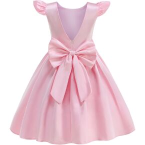 Flower Girl Dress Satin V-Back Flutter Sleeve Pageant Communion Bowknot for Wedding Birthday Guest Party Gown in Kuwait