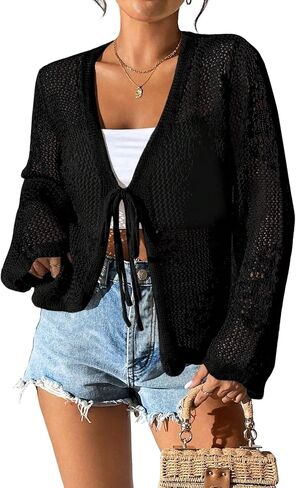 Urchics Womens Casual Cardigan Summer Beach Long Sleeve Hollow Out Tie-Front Crochet Cardigan in Kuwait