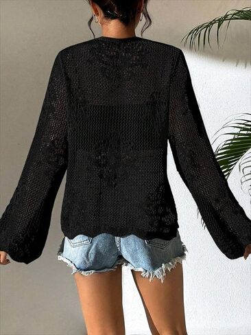 Urchics Womens Casual Cardigan Summer Beach Long Sleeve Hollow Out Tie-Front Crochet Cardigan in Kuwait