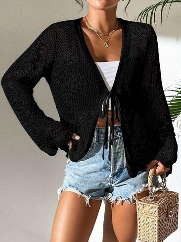 Urchics Womens Casual Cardigan Summer Beach Long Sleeve Hollow Out Tie-Front Crochet Cardigan in Kuwait