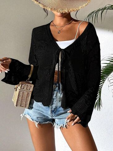 Urchics Womens Casual Cardigan Summer Beach Long Sleeve Hollow Out Tie-Front Crochet Cardigan in Kuwait