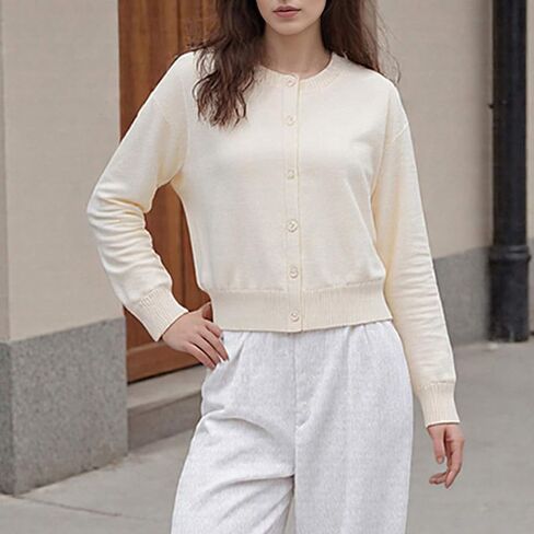 Women's Cropped Button Up Cardigan Sweater Fall Casual Crewneck Long Sleeve Cardigans Trendy Knit Tops Clothes in Saudi Arabia