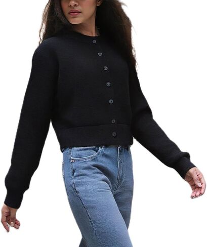 Women's Cropped Button Up Cardigan Sweater Fall Casual Crewneck Long Sleeve Cardigans Trendy Knit Tops Clothes in Saudi Arabia