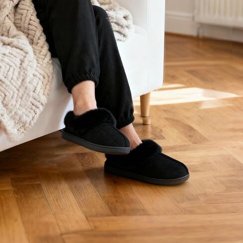 شباشب Jerzmy House للنساء، شباشب نسائية غامضة من الإسفنج الذكي من جلد الغزال مع دعم للقوس وياقة مبطنة من القطيفة، أحذية منزلية شتوية دافئة مريحة للأماكن الداخلية والخارجية in Kuwait