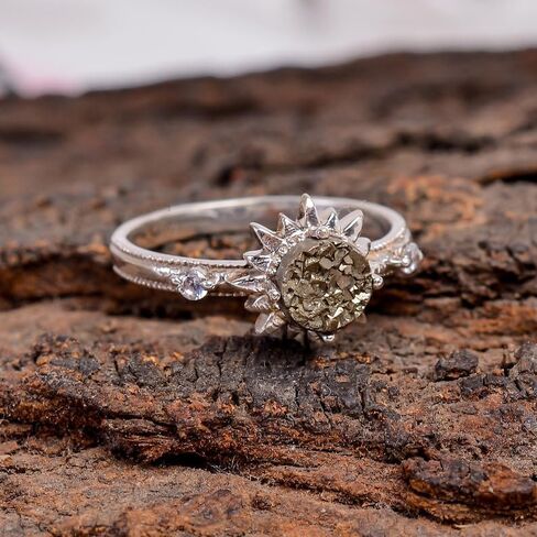 خاتم البيريت، خاتم من الفضة الإسترلينية عيار 925، خاتم بيان، مجوهرات فضية، خاتم أنيق، خاتم البيريت الخام، أحجار كريمة للنقود، مجوهرات للنساء (الولايات المتحدة 9) in Kuwait