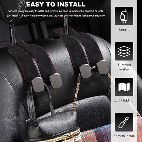 2 PCS Car Seat Headrest Hook, Suede Leather Back Seat Organizer Double Metal Hooks, Universal Headrest Hanger Convenient Vehicle Storage Hook for Purse Handbag Coats (Black) in Kuwait