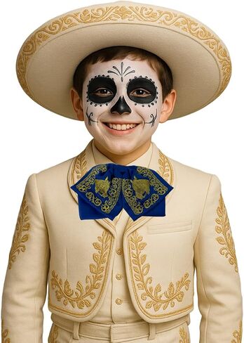 Traditional Mexican Mariachi Bow Tie, solid Teen blue with horse gold embroiderey color tie in Saudi Arabia
