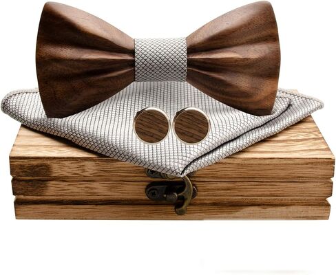 Mens Wooden Bow Tie Set, 3D Design Wood Bow Tie with Cuff links & Pocket Square, Exquisite Wooden Gift Box Ready in Kuwait