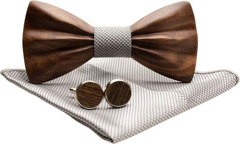 Mens Wooden Bow Tie Set, 3D Design Wood Bow Tie with Cuff links & Pocket Square, Exquisite Wooden Gift Box Ready in Kuwait