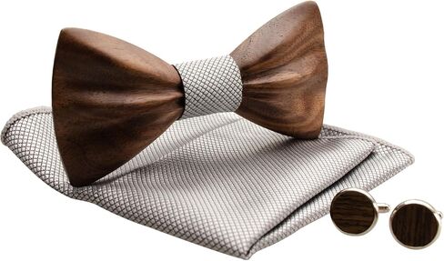 Mens Wooden Bow Tie Set, 3D Design Wood Bow Tie with Cuff links & Pocket Square, Exquisite Wooden Gift Box Ready in Kuwait