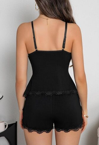 Women's Sexy Pajama Set Lace V Neck Camisole Lingerie Nightwear Cami PJ Sets with Elastic Waist Slit Shorts in Kuwait