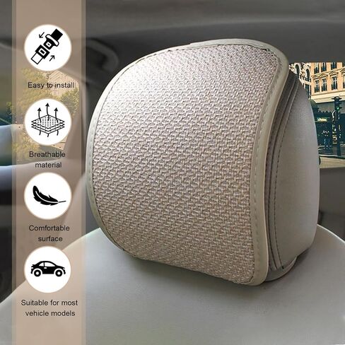 2 PCS Car Seat Headrest Protective Cover, Sweat Absorbent Breathable Linen Microfiber Leather Soft Skin Friendly Headrest Cover, Four Seasons, Elastic Band Snap Mounting Fittings (Beige) in Saudi Arabia
