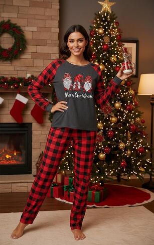 المرأة عيد الميلاد منامة مجموعات لطيف جنوم الجرافيك كم طويل منقوشة قميص وسروال بيجامة عيد الميلاد المتسكعون مجموعة S-XXL in Kuwait