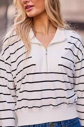 Half-Zip Striped Sweatshirt, White and Black, Long Sleeve in Saudi Arabia