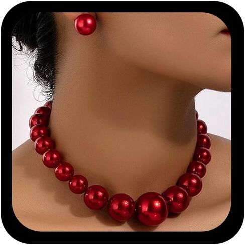 Dainty Chunky Large Beaded Red Pearls Choker Necklace Earrings for Women, Statement Big Pearl Necklaces Stud Earring Y2K Costume Jewelry Accessories in Saudi Arabia