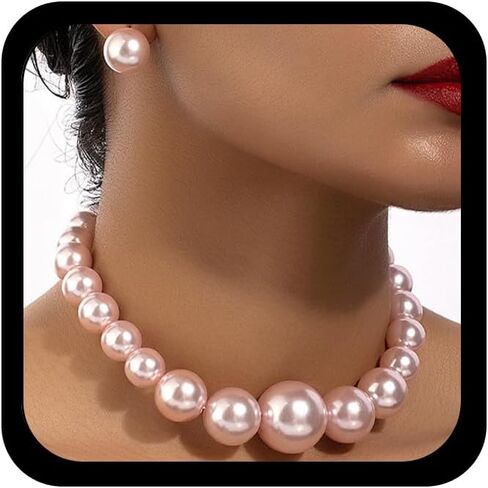 Dainty Chunky Large Beaded Red Pearls Choker Necklace Earrings for Women, Statement Big Pearl Necklaces Stud Earring Y2K Costume Jewelry Accessories in Saudi Arabia