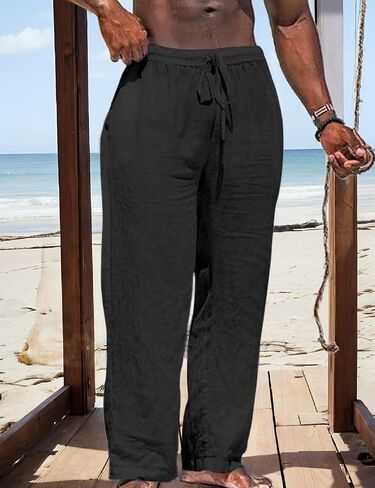 Mens Casual Linen Pants Loose Fit Elastic Drawstring Waist Wide Leg Pant Summer Lightweight Beach Long Pants in Saudi Arabia