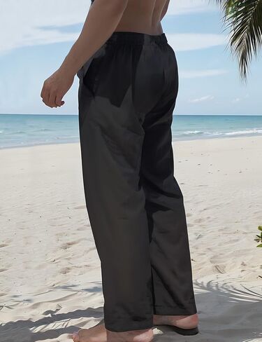 Mens Casual Linen Pants Loose Fit Elastic Drawstring Waist Wide Leg Pant Summer Lightweight Beach Long Pants in Saudi Arabia
