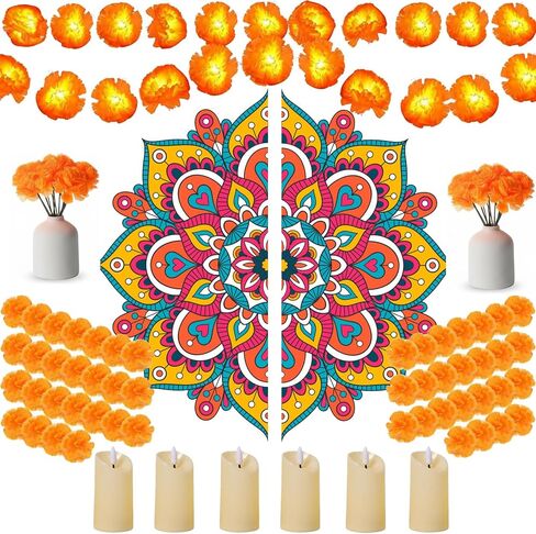 43 Pcs Diwali Decorations for Home Diwali Rangoli Floor Stickers Marigold Garland Artificial Marigold Flowers with Stem Flameless Votive Candles Diya Indian Gifts for Entrance Wall Door Porch in Saudi Arabia