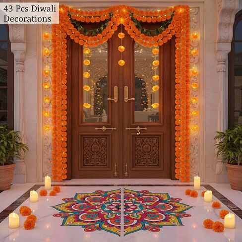 43 Pcs Diwali Decorations for Home Diwali Rangoli Floor Stickers Marigold Garland Artificial Marigold Flowers with Stem Flameless Votive Candles Diya Indian Gifts for Entrance Wall Door Porch in Saudi Arabia