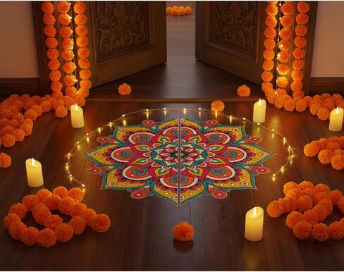 43 Pcs Diwali Decorations for Home Diwali Rangoli Floor Stickers Marigold Garland Artificial Marigold Flowers with Stem Flameless Votive Candles Diya Indian Gifts for Entrance Wall Door Porch in Saudi Arabia