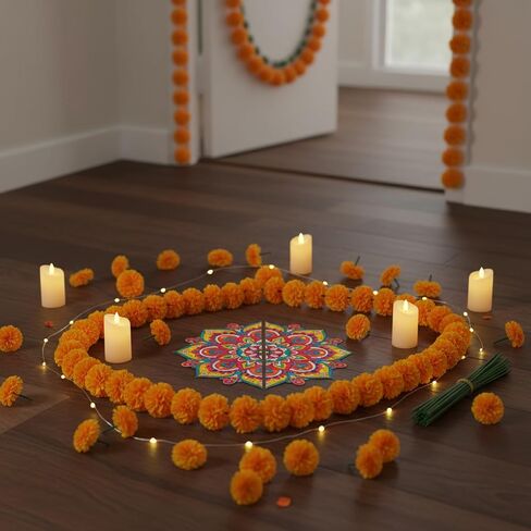 43 Pcs Diwali Decorations for Home Diwali Rangoli Floor Stickers Marigold Garland Artificial Marigold Flowers with Stem Flameless Votive Candles Diya Indian Gifts for Entrance Wall Door Porch in Saudi Arabia