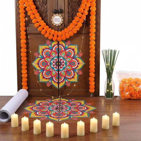 43 Pcs Diwali Decorations for Home Diwali Rangoli Floor Stickers Marigold Garland Artificial Marigold Flowers with Stem Flameless Votive Candles Diya Indian Gifts for Entrance Wall Door Porch in Saudi Arabia