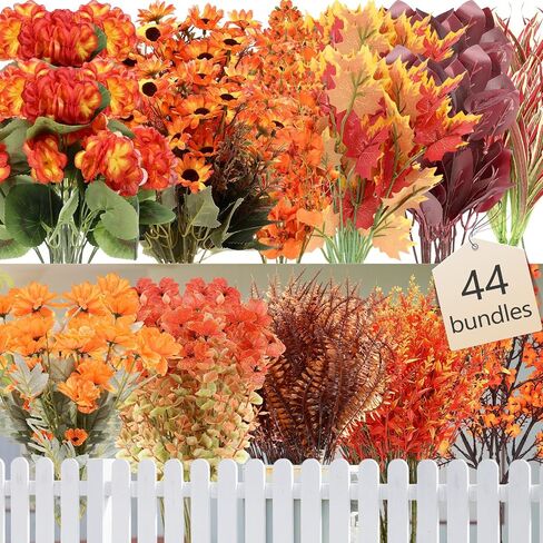 44 Bunches Artificial Fall Flowers for Outdoor Decoration Fake Orange Plants for Autumn Faux Plants Flowers for Garden Patio Porch Thanksgiving Decor Sunflower Daisy Boston Fern Maples Leaf in Saudi Arabia