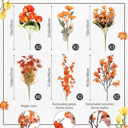 44 Bunches Artificial Fall Flowers for Outdoor Decoration Fake Orange Plants for Autumn Faux Plants Flowers for Garden Patio Porch Thanksgiving Decor Sunflower Daisy Boston Fern Maples Leaf in Saudi Arabia