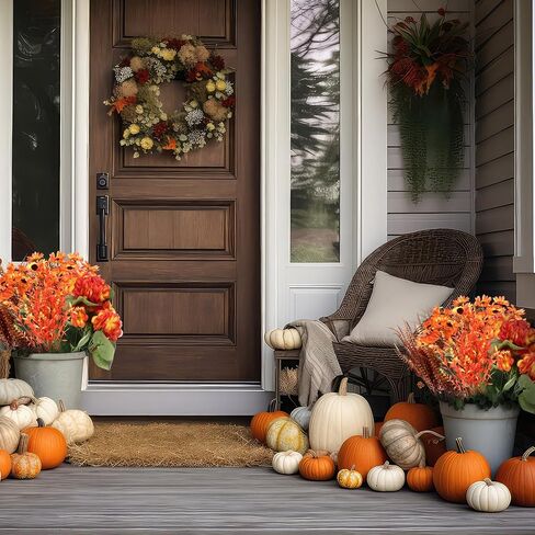 44 Bunches Artificial Fall Flowers for Outdoor Decoration Fake Orange Plants for Autumn Faux Plants Flowers for Garden Patio Porch Thanksgiving Decor Sunflower Daisy Boston Fern Maples Leaf in Saudi Arabia