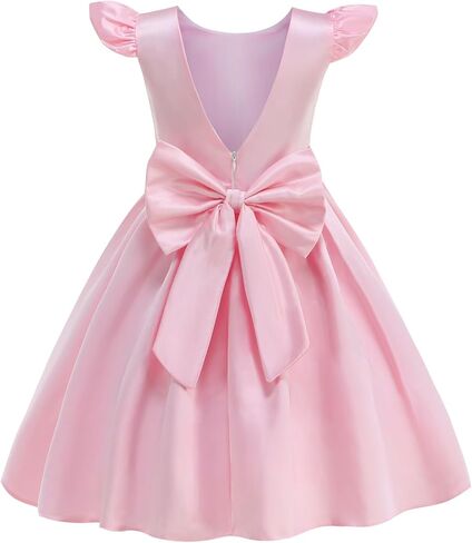 Flower Girl Dress Satin V-Back Flutter Sleeve Pageant Communion Bowknot for Wedding Birthday Guest Party Gown in Kuwait