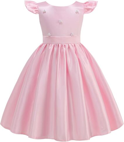 Flower Girl Dress Satin V-Back Flutter Sleeve Pageant Communion Bowknot for Wedding Birthday Guest Party Gown in Kuwait