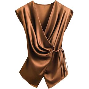 SOLY HUX Women's V Neck Satin Blouse Wrap Tie Side Sleeveless Shirt Summer Business Casual Tops in Saudi Arabia