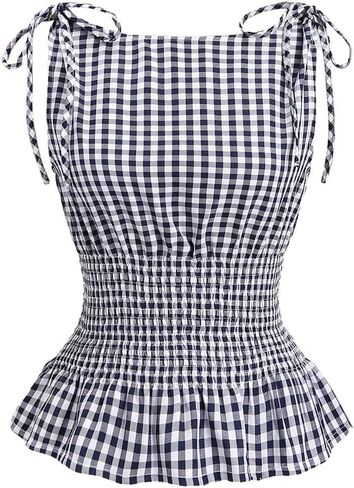 Women's Gingham Tie Shoulder Tank Tops Sleeveless Shirred Ruffle Hem Shirts in Saudi Arabia