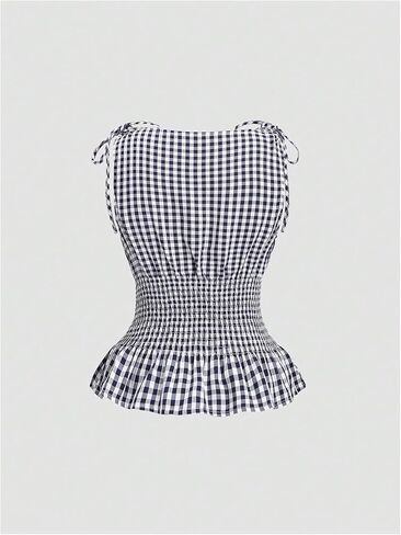 Women's Gingham Tie Shoulder Tank Tops Sleeveless Shirred Ruffle Hem Shirts in Saudi Arabia