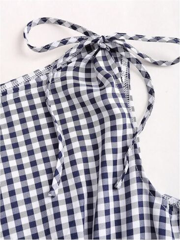 Women's Gingham Tie Shoulder Tank Tops Sleeveless Shirred Ruffle Hem Shirts in Saudi Arabia