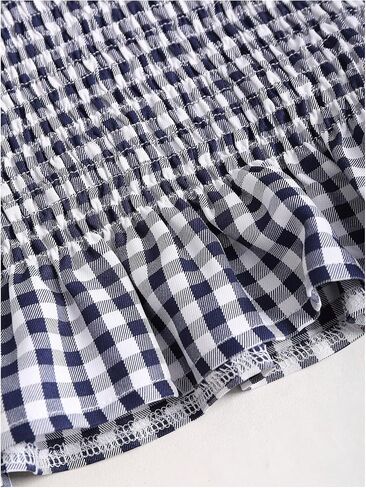 Women's Gingham Tie Shoulder Tank Tops Sleeveless Shirred Ruffle Hem Shirts in Saudi Arabia