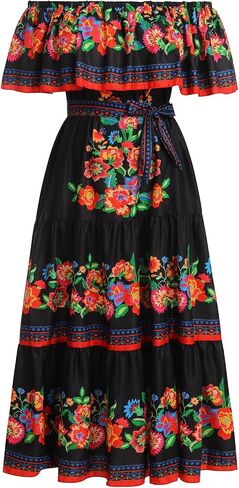 OBEEII Mexican Dress for Women Off Shoulder Floral Summer Maxi Dress Fiesta Casual Sundress in Kuwait