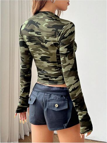 OYOANGLE Women's Camo Print Ribbed Knit Full Zip Jackets Slim Fit Mock Neck Cropped Jacket with Thumb Holes in Saudi Arabia