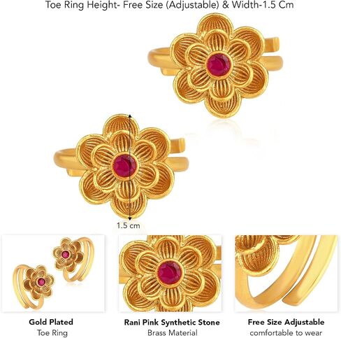 Aheli Gold Plated Rani Pink Synthetic Stone Studded Floral Adjustable Toe Ring Bichiya Jewellery Gift for Women in Saudi Arabia