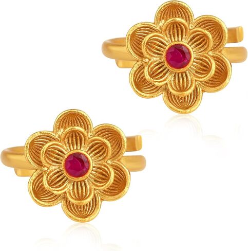 Aheli Gold Plated Rani Pink Synthetic Stone Studded Floral Adjustable Toe Ring Bichiya Jewellery Gift for Women in Saudi Arabia